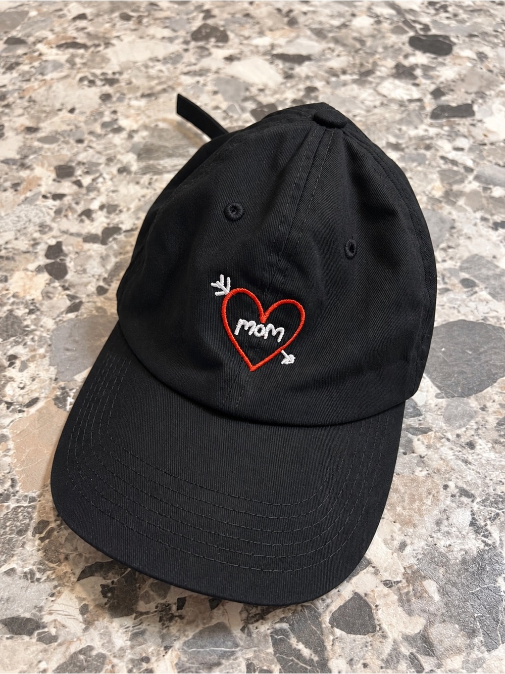 Urban Outfitters Black Kids Hat with Red Heart and White 'mom' Embroidery